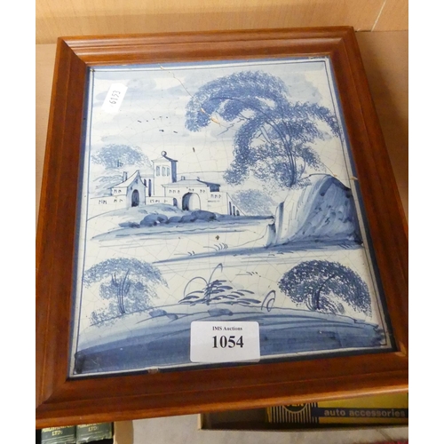 1054 - Framed Antique Blue & White Delft Tile - approx 18 x 20cm.