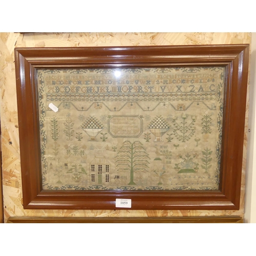 1059 - Fine Georgian Antique Framed Silk Embroidered Sampler, approx 44 x 30cm.