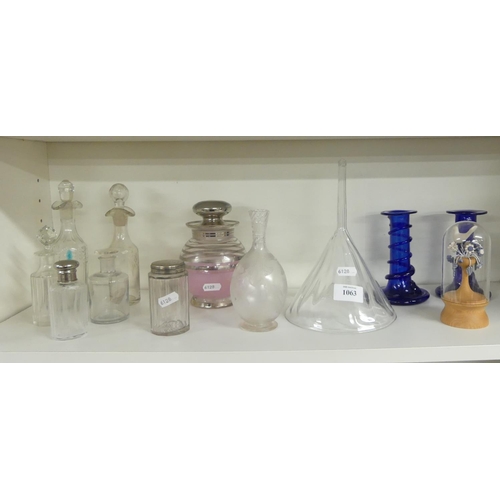 1063 - Assorted Glassware - Funnel, Jar & Cover, Candlesticks etc.