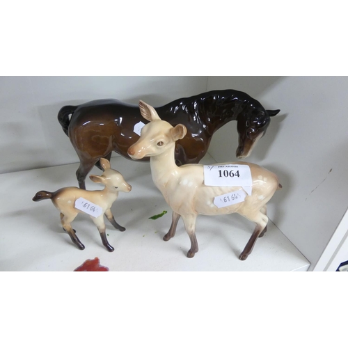 1064 - Three Beswick Animals - Two Deer & Horse.