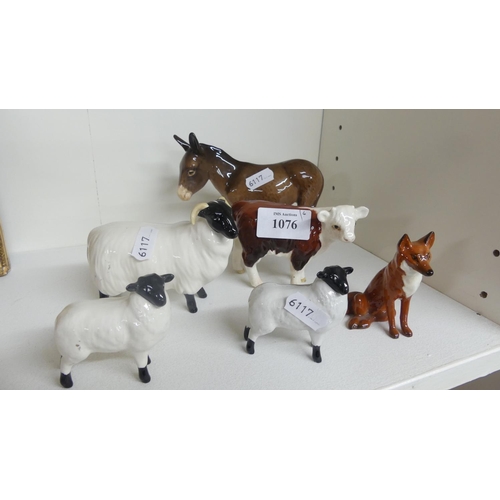 1076 - Six Beswick Animal Groups - Three Sheep, Fox, Hereford Calf & Donkey.