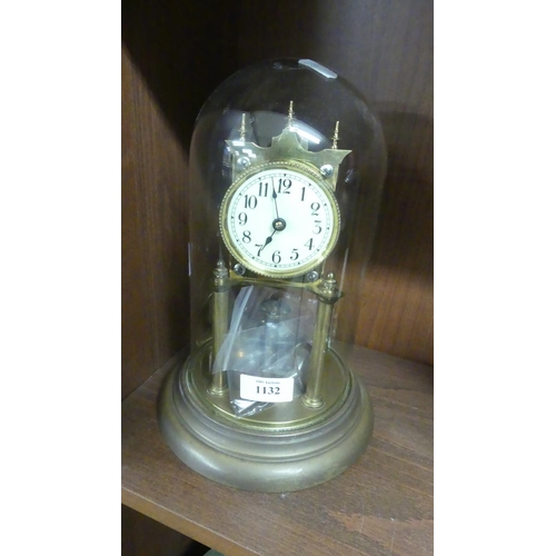 1132 - Brass Clock Under Glass Dome.