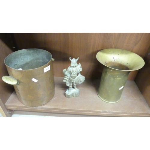 1135 - Brass Shell Case Vase, Large Copper Pot with Brass Handles & Brass Viking Figure.