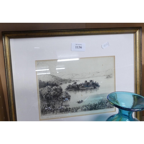 1136 - Framed Engraving - Loch Katrine by Jackson Somner, approx 21 x 15cm.