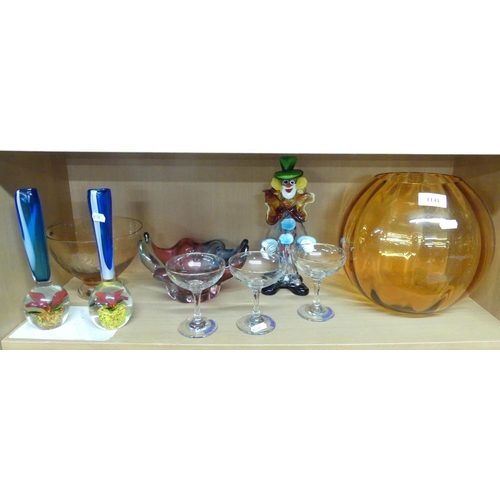 1141 - Assorted Glassware - Clown Figure, Babycham Glasses, Vases etc.