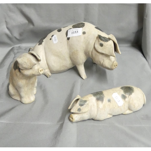 1153 - Three Karen Lainson Stoneware Pig Ornaments.