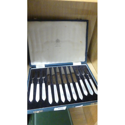 1159 - Cased Set of Stainless Steel Fruit Knives & Forks with MOP Handles, Maker Mappin & Webb.