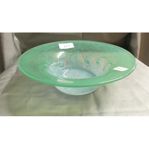 1172 - Monart Glass Bowl, Green & Powder Blue with Continuous Central Band of Sworls, approx 21.5cm in diam... 