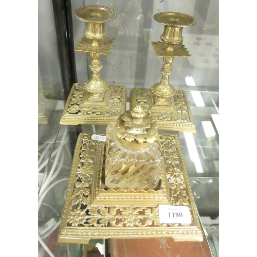 1180 - Brass Desk Inkwell Set Complete with Matching Candlesticks.