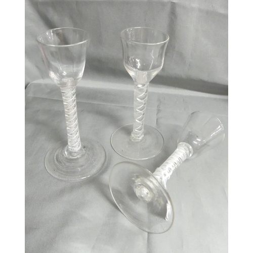 1195 - Three Antique Port / Sherry Glasses with Latticinio Stems.