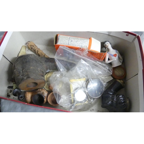 1205 - Box - Assorted Pocket Watches, Half Doll & Pipes etc.