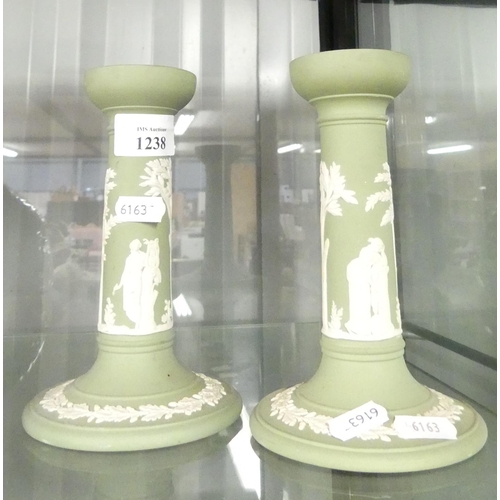 1238 - Pair of Wedgwood Green Jasper Pillar Candlesticks, approx 16.5cm tall.