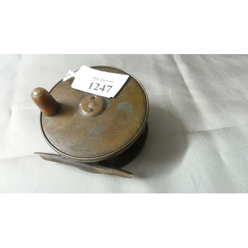 1247 - Vintage Hardy Bros Brass Fishing Reel with Horn Handle, 75mm in diameter, 25mm deep, Hand & Rod Logo... 