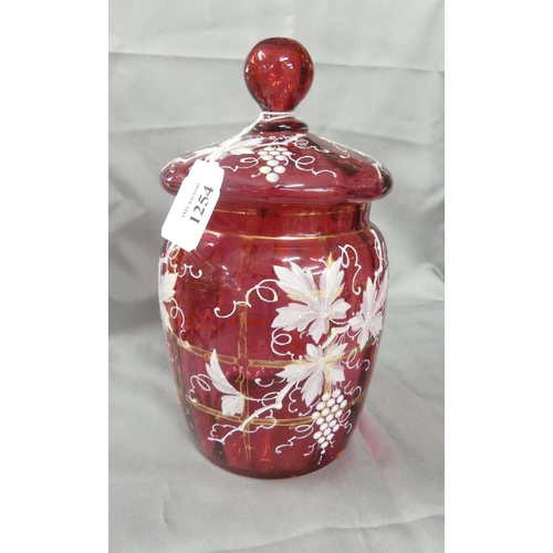 1254 - Crimson Glass Biscuit Barrel & Cover in the Style of Mary Gregory.