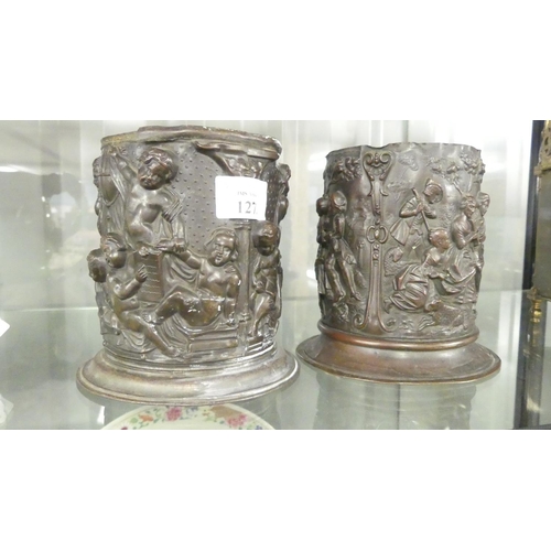 1272 - Pair of Embossed Brass Cylindrical Vases.