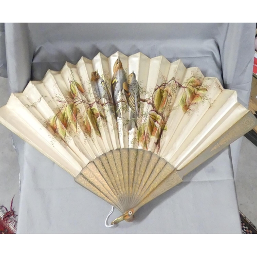 1287 - Silk Fan Painted Birds & Foliage.