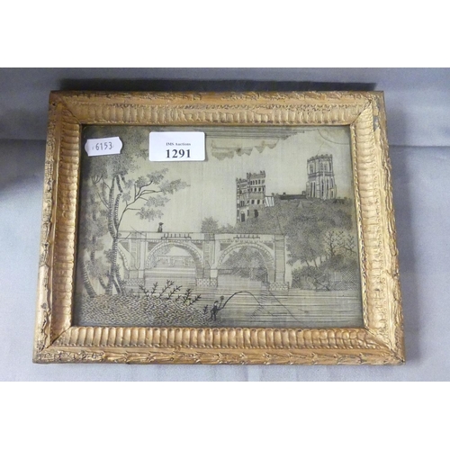 1291 - Framed Georgian Antique Hand Embroidered Panel depicting a River scene with Fisherman in foreground,... 