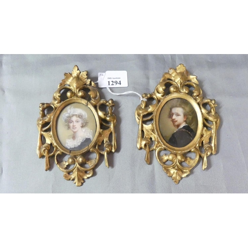 1294 - Pair of Antique Portrait Miniatures, Male & Female in Gilded Carved Wood Frames.