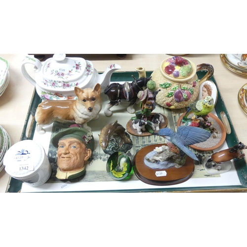 1342 - Tray Lot - Teapots, Animal Figures, Paperweight etc.