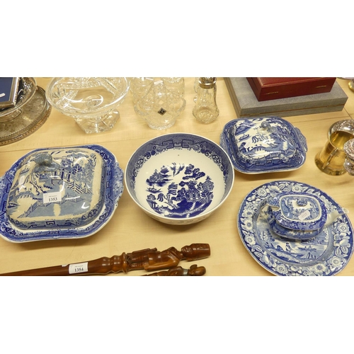 1353 - Assorted Blue & White Willow Pattern Tureens, Spode Blue Italian Teapot etc.