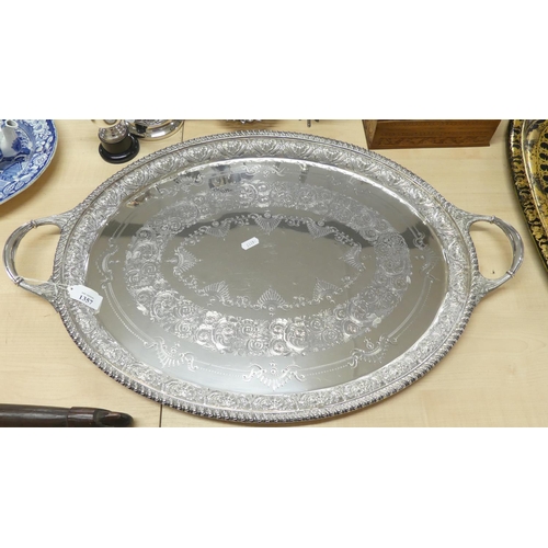 1357 - Large Silverplated Oval Tea Tray by Robbe & Berking, approx 69cm across Handles.