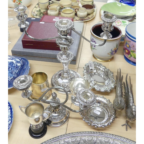 1358 - Assorted Silverplated Items - Two Candelabra, Table Ornaments, Dishes etc.