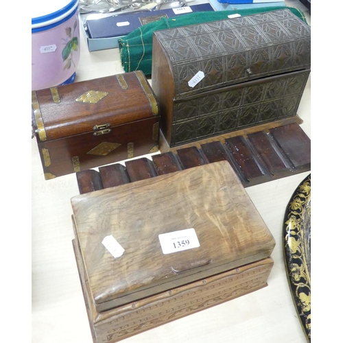 1359 - Assorted Wooden Items - Mahogany Tea Caddy, Brassbound Stationery Box, Eastern Carved Wooden Box etc... 