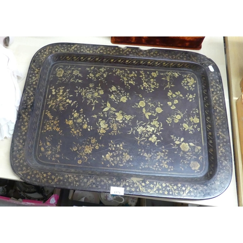 1371 - Large Victorian Papier Mache Tray - Gilded with Thistles and Flowers, approx 68cm across.