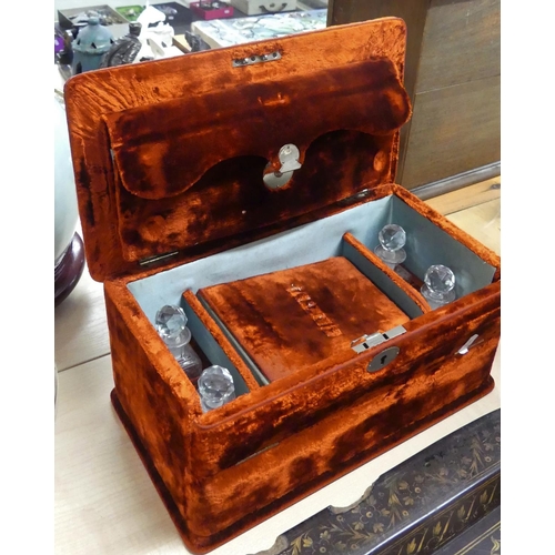 1372 - Victorian Red Velvet Covered Dressing Case - Fitted interior, scent bottles etc.