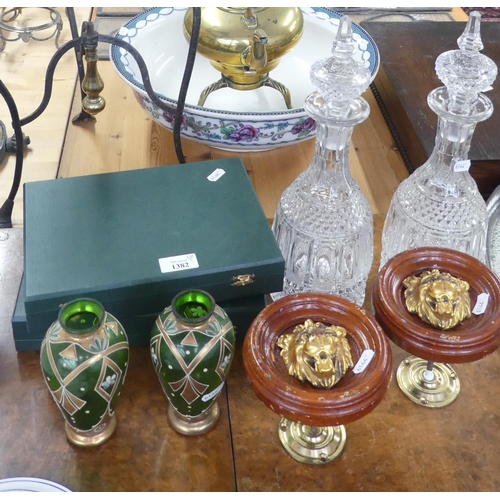 1382 - Pair of Glass Decanters, Pair of Lion Head Tie Backs, Art Nouveau Glass Vases, Jewellery Boxes.