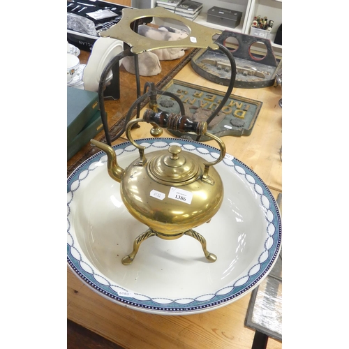 1386 - Brass Kettle on Wrought Iron & Brass Stand and Pottery Basin.