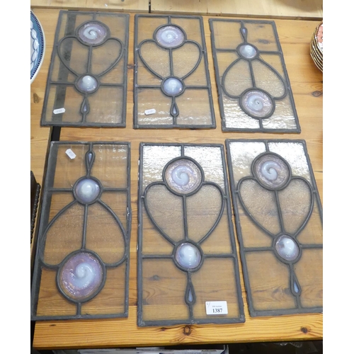 1387 - Six Art Nouveau Opalescent & Bark Effect Leaded Glass Panels - 19 x 37cm.