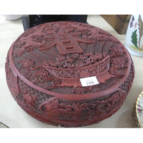 1395 - Very Large Chinese Cinnabar Circular Work Box, approx 37cm in diameter.