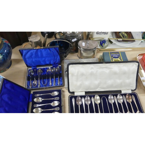 1414 - Assorted Silverplated Cased Cutlery, Teapot, Tea Caddy etc.