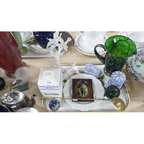 1416 - Tray Lot - Glass Paperweight, Wedgwood Jar & Cover, Green Glass Lemonade Jug.