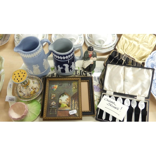 1421 - Tray Lot - Wedgwood Jug, Cased Set of MOP Caviar Spoons, Silverplated Pastry Forks etc.