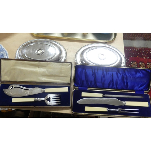 1425 - Pair of Silverplated Entree Dishes (no handles), Cased Fish Servers & Carving Set.