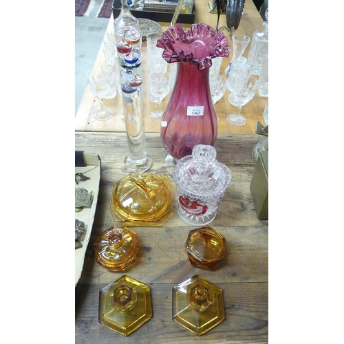 1463 - Amber Dressing Table Set, Cranberry Glass Vase, etc.