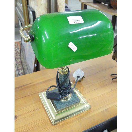 1472 - Brass Bankers Desk Lamp with Green Glass Shade.