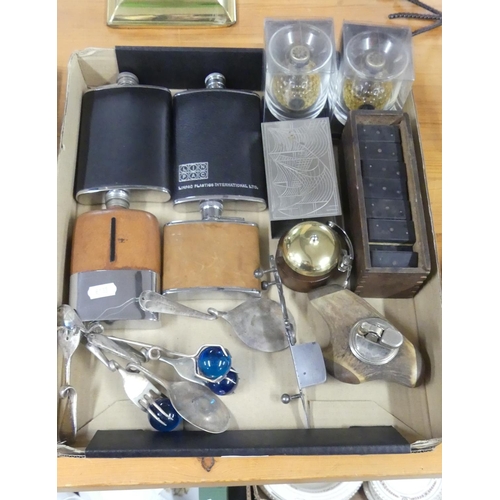 1473 - Tray Lot - Dominoes, Hip Flask, Table Lighter etc.