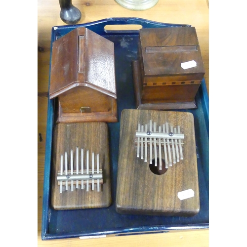 1474 - Tray Lot - Two Vintage Wooden Cigarette Dispensers, Two Musical Instruments.