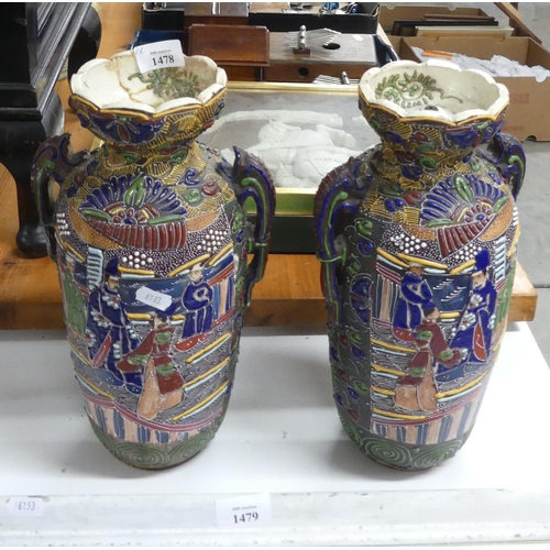 1478 - Pair of Japanese Satsuma Pottery Vases (AF), approx 32cm tall.