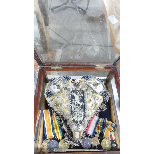 1482 - Display Case Containing WWI Period Embroidered Sweetheart Heart Shaped Pin Cushion & Five WWI Medals... 