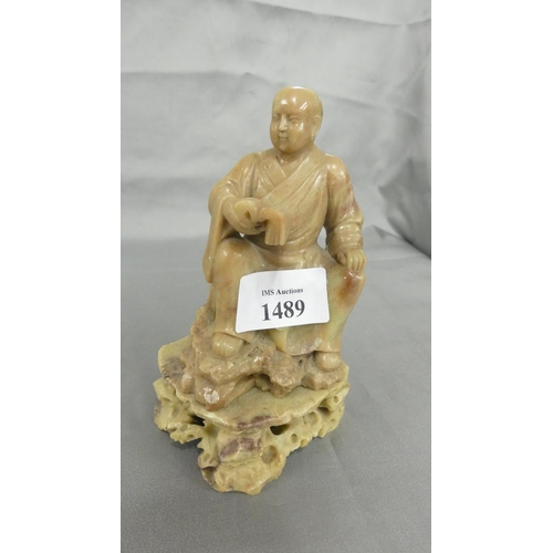 1489 - Chinese Soapstone Figure - Seated Scholar, 15cm tall.