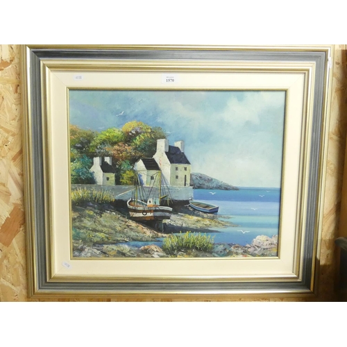 1570 - Continental Framed Oil Painting - Moored Fishing Boat, approx 50 x 40cm.