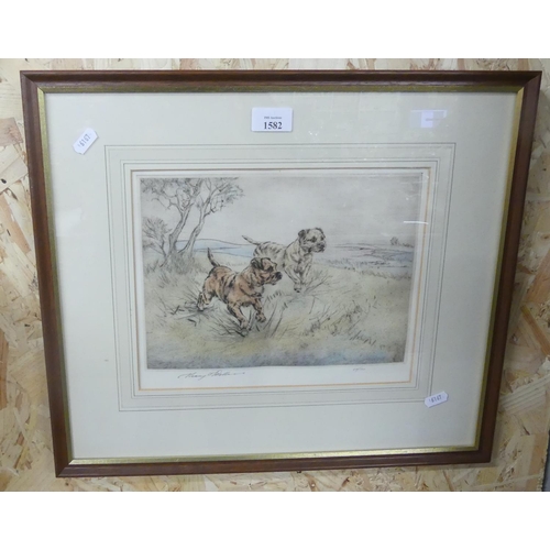 1582 - Framed Signed Ltd Edition Print - Border Terriers by Henry Wilkinson 89/150, approx 27 x 18cm.