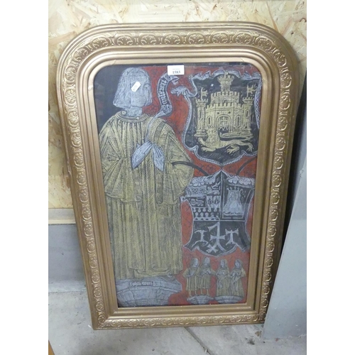 1583 - Framed Coloured Brass Rubbing, approx 92cm tall overall.