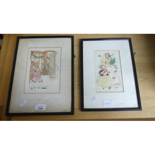 1584 - Two Small Framed Watercolours - Christmas shopping.