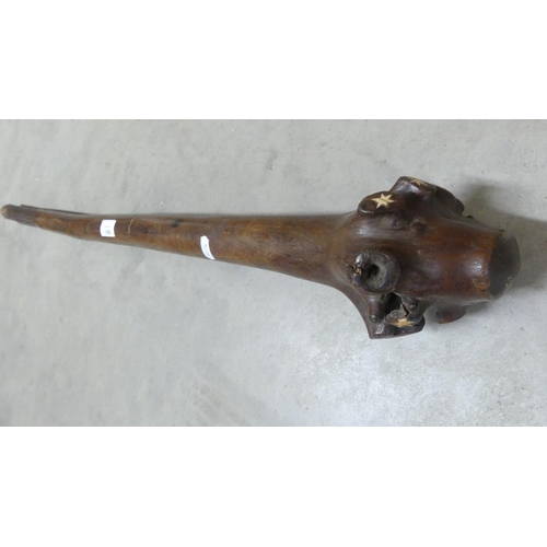 1588 - Heavy Antique Polynesian Ironwood War Club, The Club End with Star Shaped Bone Decoration, Geometric... 