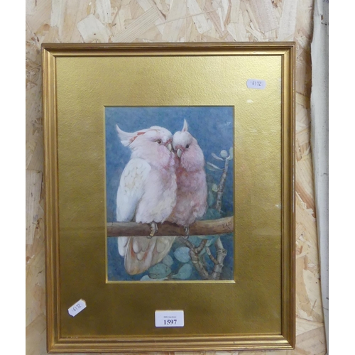 1597 - Framed Watercolour - Artist E.A.Frank, Pink Cockatoos, approx 16 x 23cm.